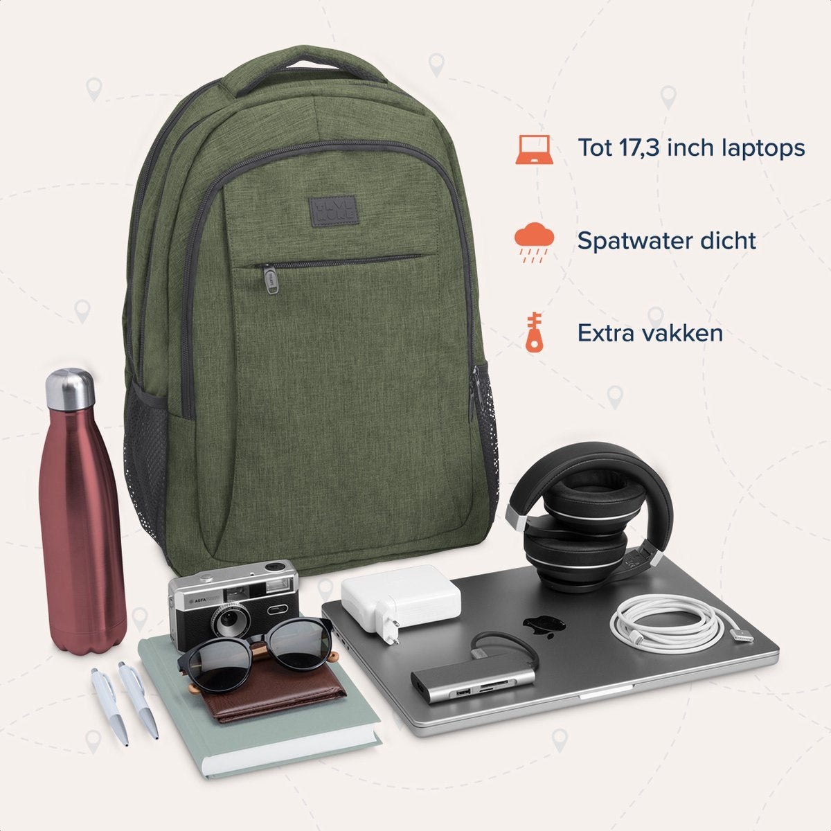 TRVLMORE Rugzak - 36L - 17,3 inch - Laptop Rugtas - Schooltas - Unisex - Spatwaterdicht Groen