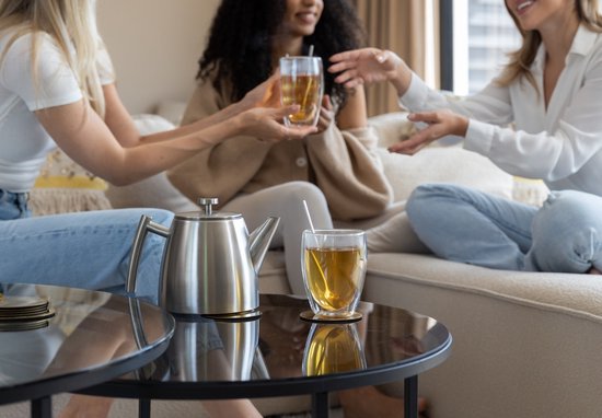 Vaja® Theepot Camille Zilver - Dubbelwandig - 1 Liter - RVS Theekan met Filter & Warmhouder