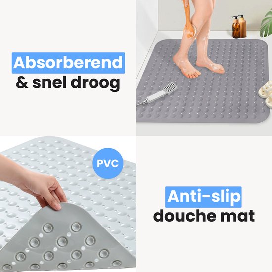 Luft Douche en Bad mat - 48 x 48 cm - Antislip - Grijs - Met zuignappen - Geschikt voor badkamer en douche - Veilig en Stevig