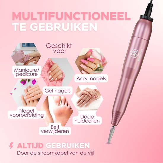 Beeperfect® Elektrische Nagelvijl - Nagelfrees - Manicure en Pedicure set - 12 Bitjes en 60 Schuurrolletjes - 4 Extra accessoires - Roze
