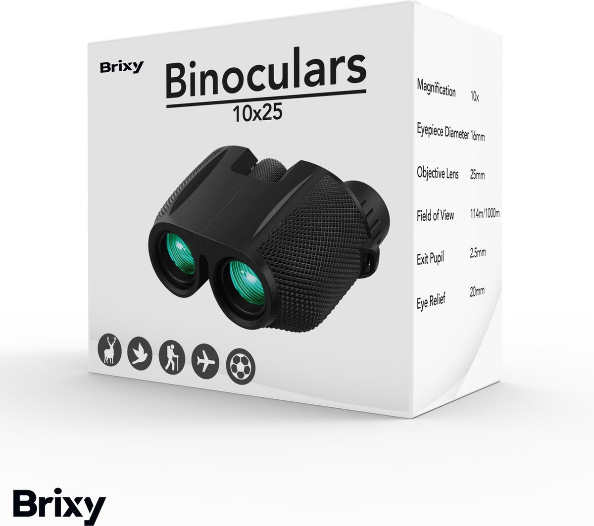 Brixy Verrekijker 10x25 - Compacte Waterdichte Verrekijker met BAK4 Prisma’s en FMC-Lenzen - Inclusief Nekkoord, Draagtas en Schoonmaakdoekje - Zwart - 10x25 mm