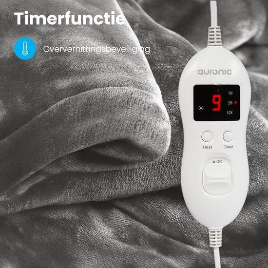 Auronic Elektrische Deken - Warmtedeken - 9 Warmtestanden - 1 Persoons - 160x120cm - Grijs