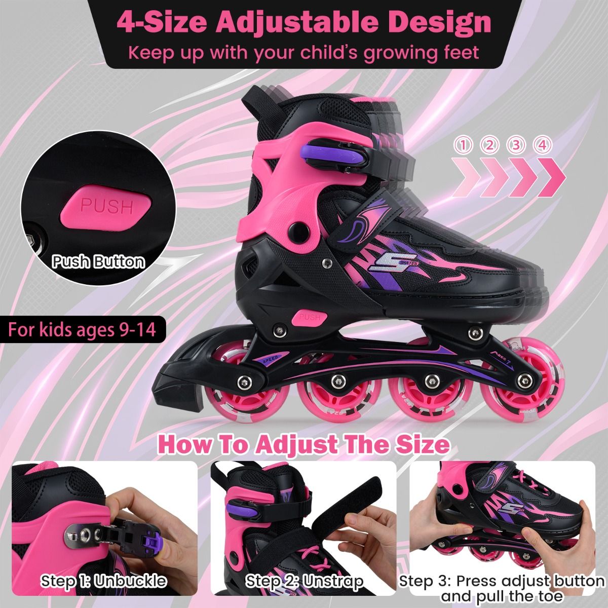 Coast Inlineskates voor kinderen - verstelbaar - lichtgevende wielen - maat 38-41 EU - kleur roze
