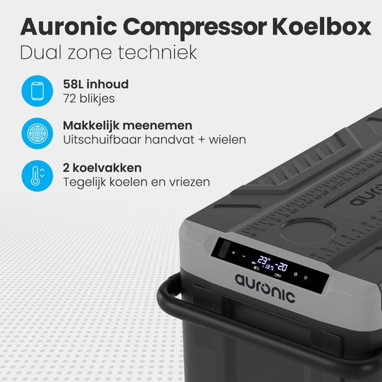 Auronic Compressor Koelbox Elektrisch 12V en 230 volt - Vriezen en Koelen - Coolbox - 58L - Frigobox - Grijs