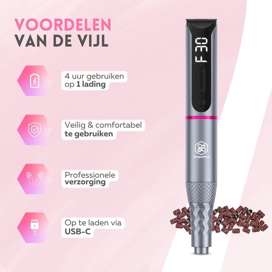 Beeperfect® Draadloze Elektrische Nagelvijl Pro Edition - Nagelfrees - Manicure en Pedicure set - Oplaadbaar - 11 Bitjes en 60 Schuurrolletjes - 30.000RPM