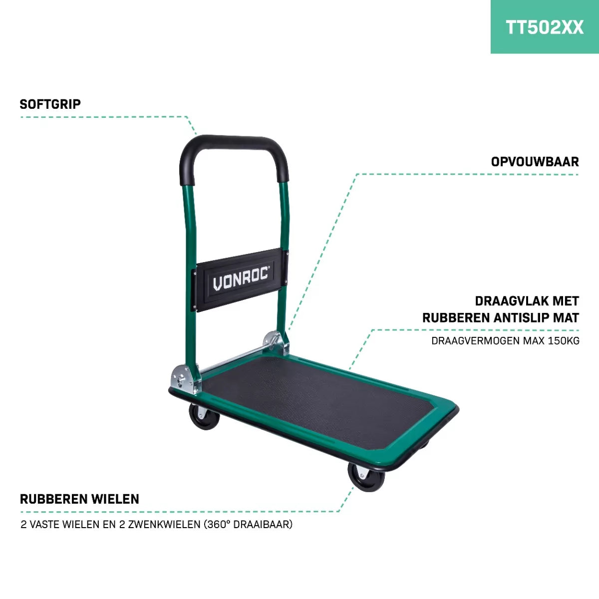 VONROC Plateauwagen Transportwagen TT502XX – 150 kg Draagvermogen Met Soft Grip Handvat En Inklapbaar Voetmechanisme – Voor Magazijn En Verhuizing – Gepoedercoat Staal En Rubber – 74 x 48 x 82 cm