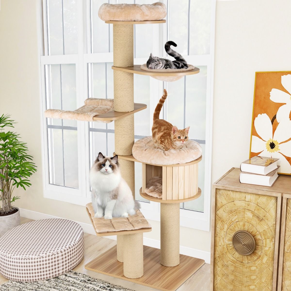 Coast Kattenklimrek - Meerdere niveaus - Krabpalen en hut - Hangmat en wasbare matten - Beige 75 x 56 x 191 cm