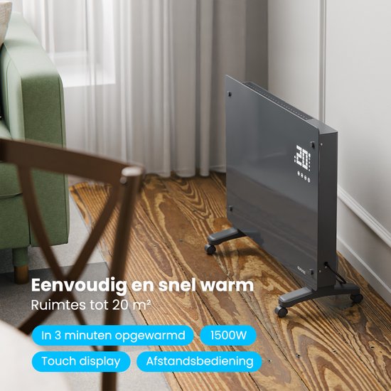 Auronic Elektrische Kachel – Convectorkachel met Thermostaat en Afstandsbediening - Glazen Paneelverwarming - 1500W Heater - Grijs
