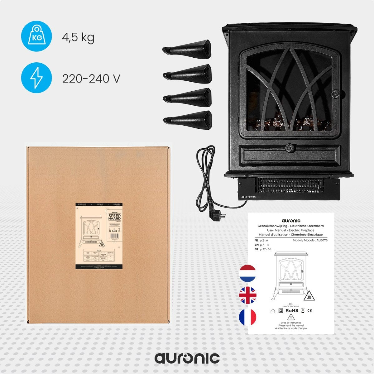 Auronic Elektrische Sfeerhaard - Realistisch LED Licht - Vrijstaand - 1000/2000 W - Zwart