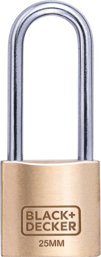 BLACK+DECKER Hangslot - 25mm - Lange Beugel - Incl. 3 Sleutels - Massief Messing Slot