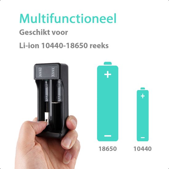 Tech Essentials® 2-Slots Batterijoplader USB-C Met 2x 18650 Oplaadbare Batterijen - 2600mAh 3.6V - 10440/18650 | Li-ion - Flat Top - Houder - Accu - Lithium