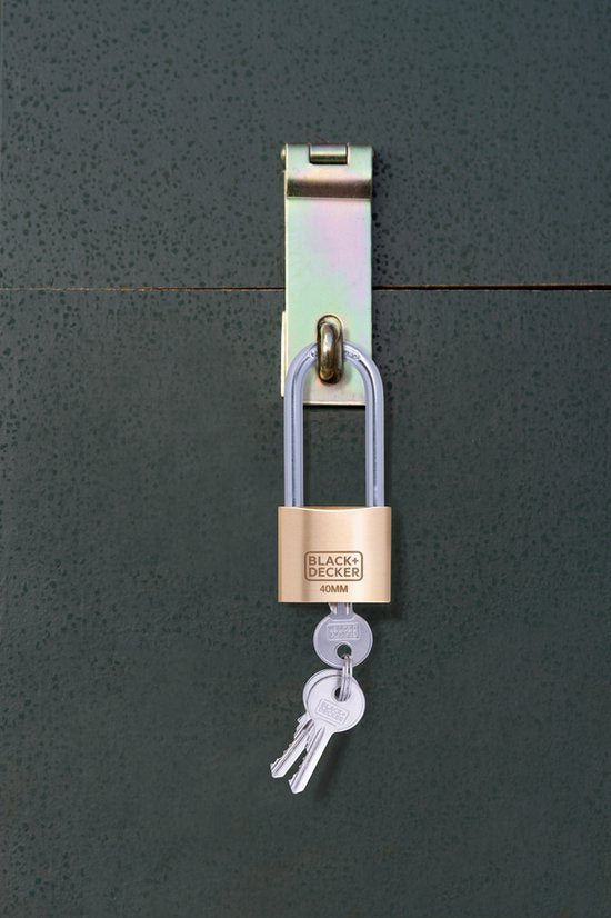 BLACK+DECKER Hangslot - 40mm - Lange Beugel - Incl. 3 Sleutels - Massief Messing Slot