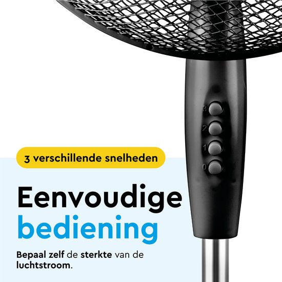 BRASQ Statiefventilator – 40 cm – Zwart - In hoogte verstelbaar – 3 snelheden - 40 Watt