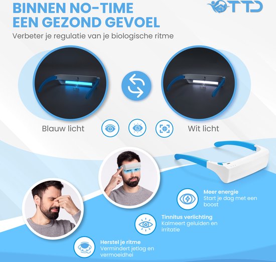 TTD® Lichttherapiebril met Wit & Blauw Licht - Verbetert Stemming, Focus, Energieniveau en Slaap - Daglichtbril - Daglichtlamp - Met Ingebouwde Timer - Oplaadbare Batterij - 100% UV-Vrij - Met Luxe Travel Case
