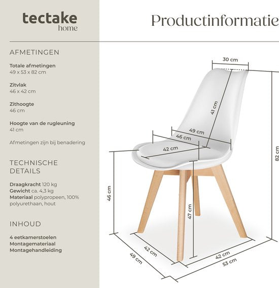 tectake® Eetkamerstoel Frederikke - Set van 4 Eetkamerstoelen met Gevoerde Stoffen Zitting - Massief Houten Poten - Ergonomische Stoelen geschikt voor Woonkamer, Eetkamer, Slaapkamer en Keuken - Draagkracht 120kg - Wit