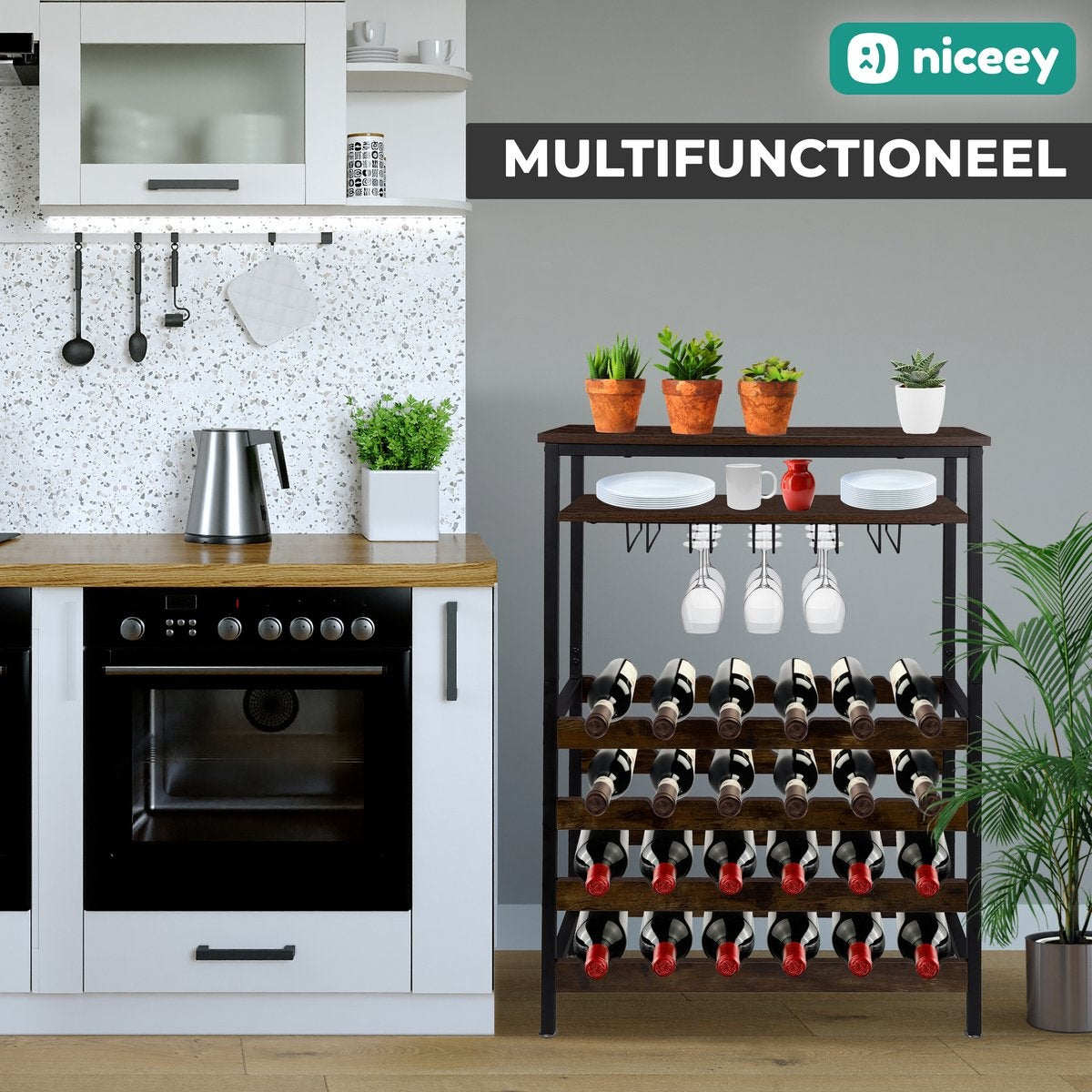Niceey Wijnrek - Voor 24 Flessen en 15 Glazen - Flessenrek - Wijnrek Metaal