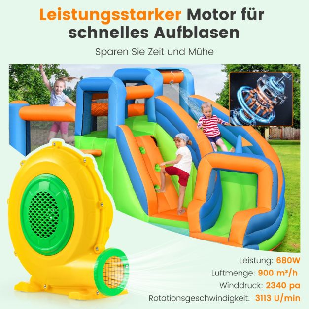 Coast Springkussen met Blower – Waterkasteel met Glijbanen en Klimwand 454 x 338 x 200 cm – Multicolor