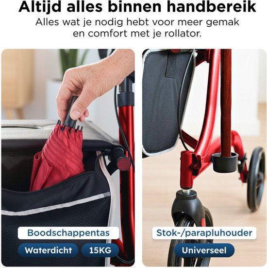 Medzone Rollator Lichtgewicht en Opvouwbaar - Zitfunctie - Binnen en Buiten - Rugleuning en Wandelstok Houder - Champagne - Rood