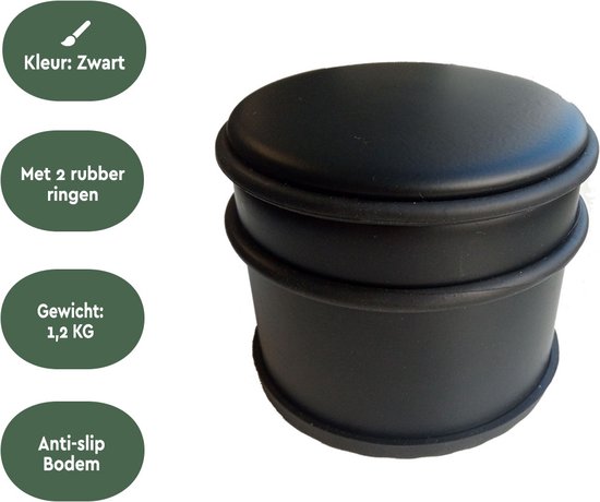 BRASQ Deurstopper met anti slip Zwart 1,1 Kg - Voor binnen en buiten - Deurbuffer met rubberen bescherming Ø9 x 7,5 cm