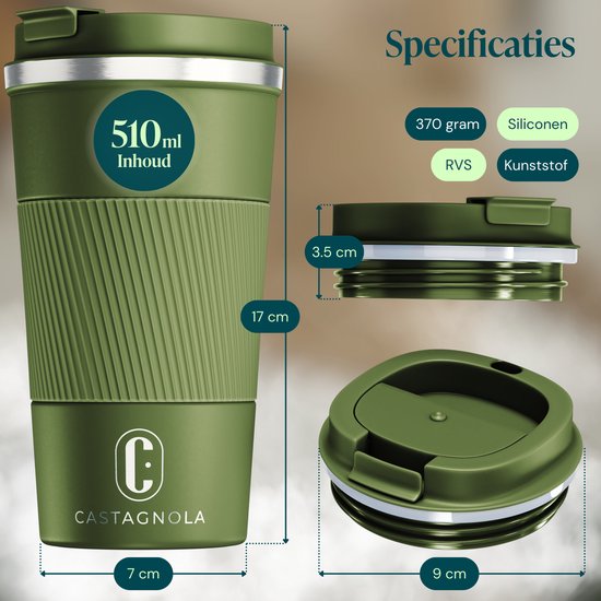 Castagnola Thermosbeker - Koffiebeker To Go - Travel Mug voor Koffie en Thee - Theebeker - 510 ML - RVS - Groen