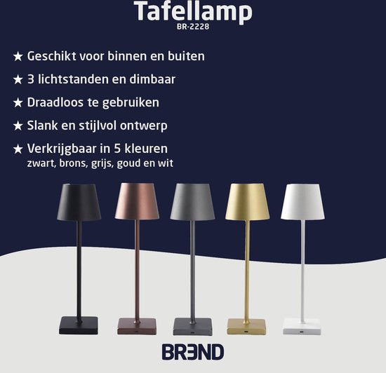 BREND BR-2228 Draadloze Tafellamp voor Binnen en Buiten – Decoratieve en Dimbare Lamp – Oplaadbare Verlichting met 3 Lichtstanden – IP44 – Goud