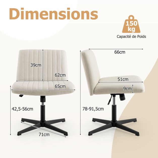 Coast Bureaustoel zonder wielen met brede zitting, 71 x 66 x 78-91,5 cm, beige, 120° kantelbaar, verstelbaar