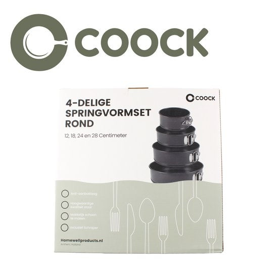 COOCK 4-delig Ronde Springvorm Set - Bakblik Rond - Taartvorm - Bakvorm met Anti Aanbaklaag - Maten 12 tot 28cm - Incl Deegschraper