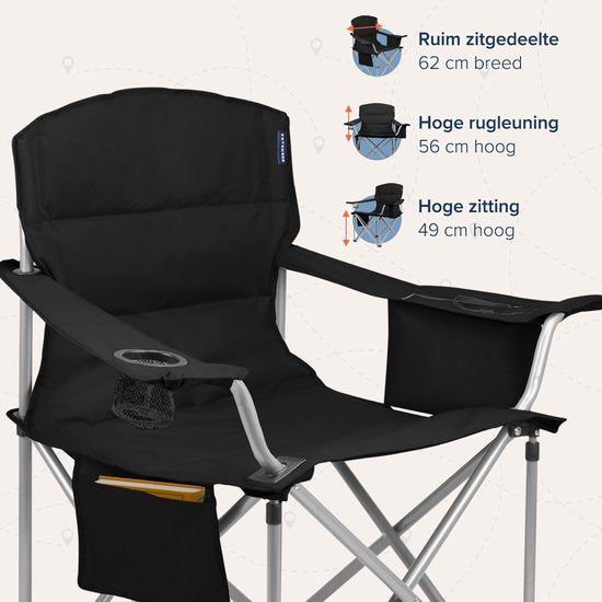TRVLMORE Campingstoelen - Opvouwbaar - 2 Stuks - XL - Vouwstoelen - 150 kg draagvermogen - Drankhouder - Koelvak - Zijvak - Klapstoel - Zwart