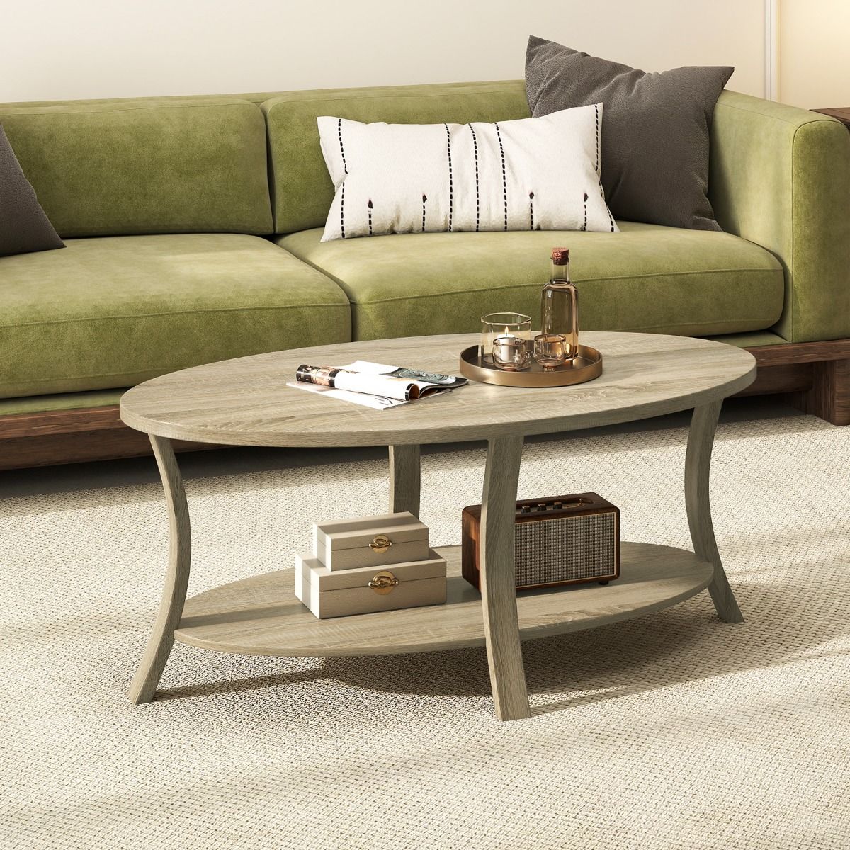 Coast Ovale Salontafel - 2-laags met opbergruimte - rubberhout en eikenlook - grijs - 111 x 60,5 x 47 cm