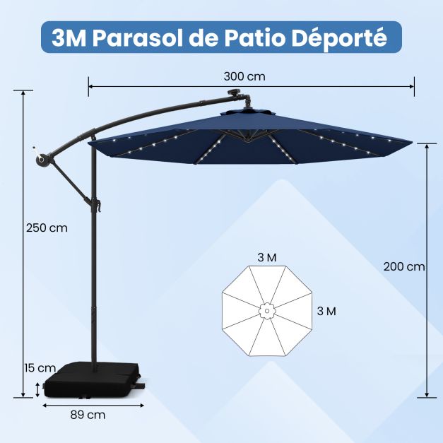 5-delige Tuinset met 3 m Zweefparasol en LED Verlichting - Blauw/Grijs