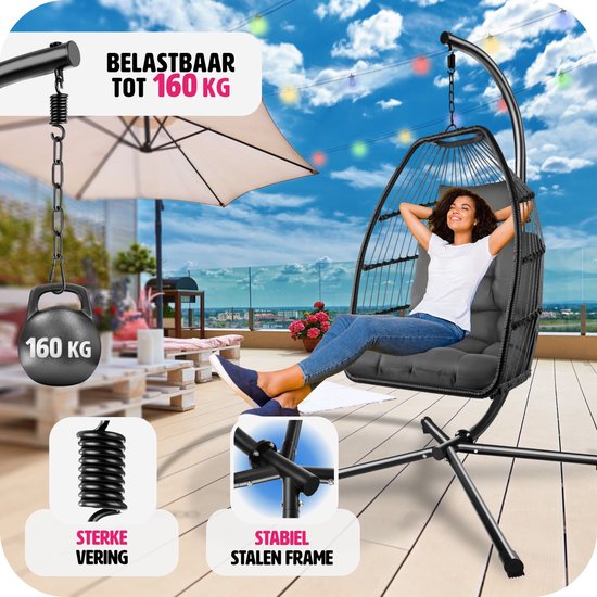 tectake® - Luxe hangstoel - opvouwbare en draaibare egg chair met standaard - dikke kussens - antislipvoeten - inclusief beschermhoes. Ideaal voor tuin, terras, slaapkamer - donkergrijs