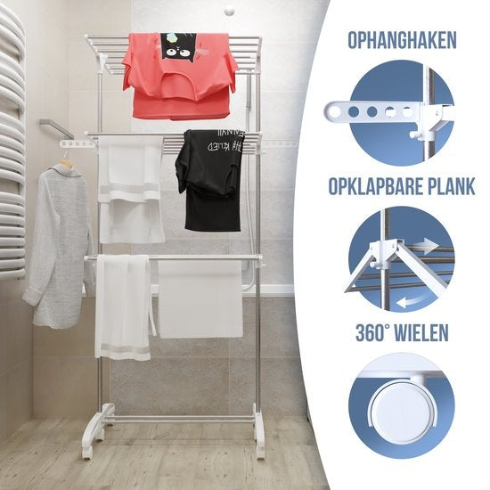 Avalo Droogrek - Droogtoren Met Wieltjes - 4 Niveaus - Inklapbaar - Wit