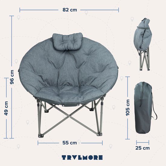 TRVLMORE Campingstoel - XL - Opvouwbaar - Incl. Draagtas - Kampeerstoel - Vlinderstoel - 150 kg draagvermogen - Grijs
