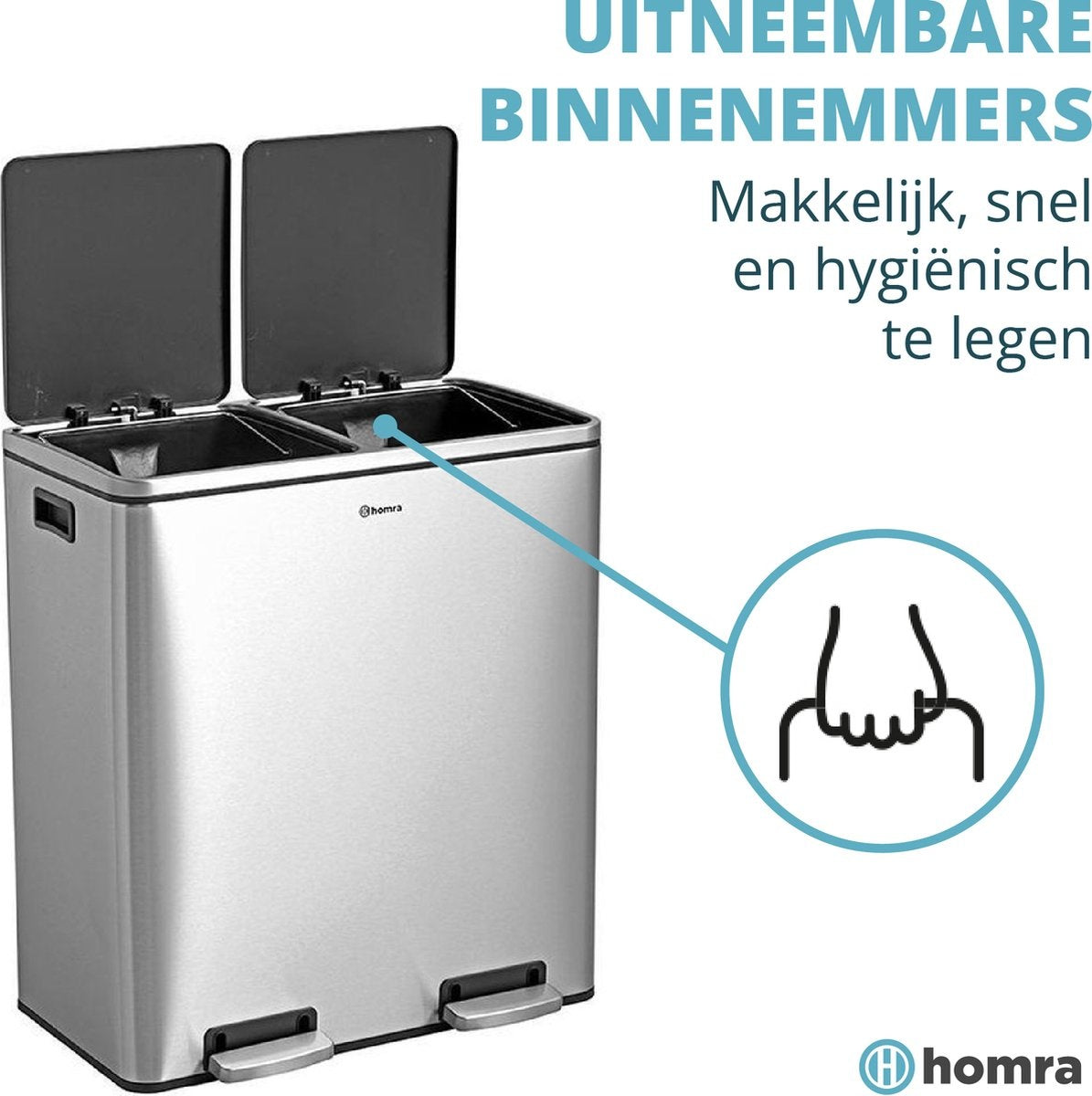 Homra QUICKX Duo - Prullenbak - Afvalscheiding - 2 Vakken – RVS - 60 liter (2x30 L)