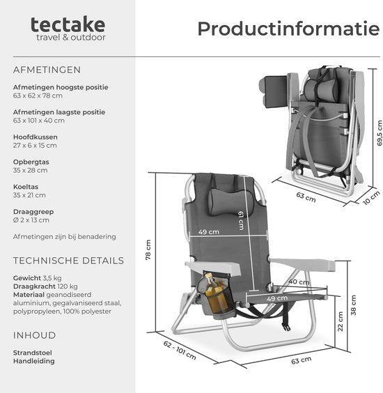 tectake® Strandstoel Coral - Opvouwbare Campingstoel met Koeltas en Opbergtas - 5-voudig Verstelbare Rugleuning met Hoofdkussen - Brede Armleuningen met Bekerhouder / Telefoonhouder - Inklapbare Kampeerstoel - Grijs