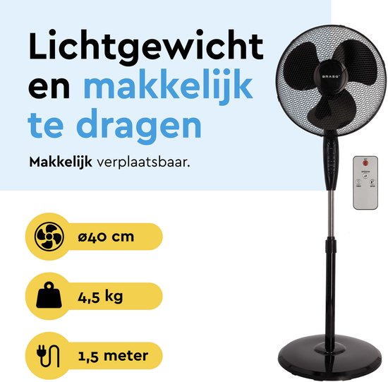 BRASQ Statiefventilator – 40 cm – Zwart – Met Afstandsbediening - Timer - Slaapmodus - In hoogte verstelbaar – Stille Ventilator - 40 Watt
