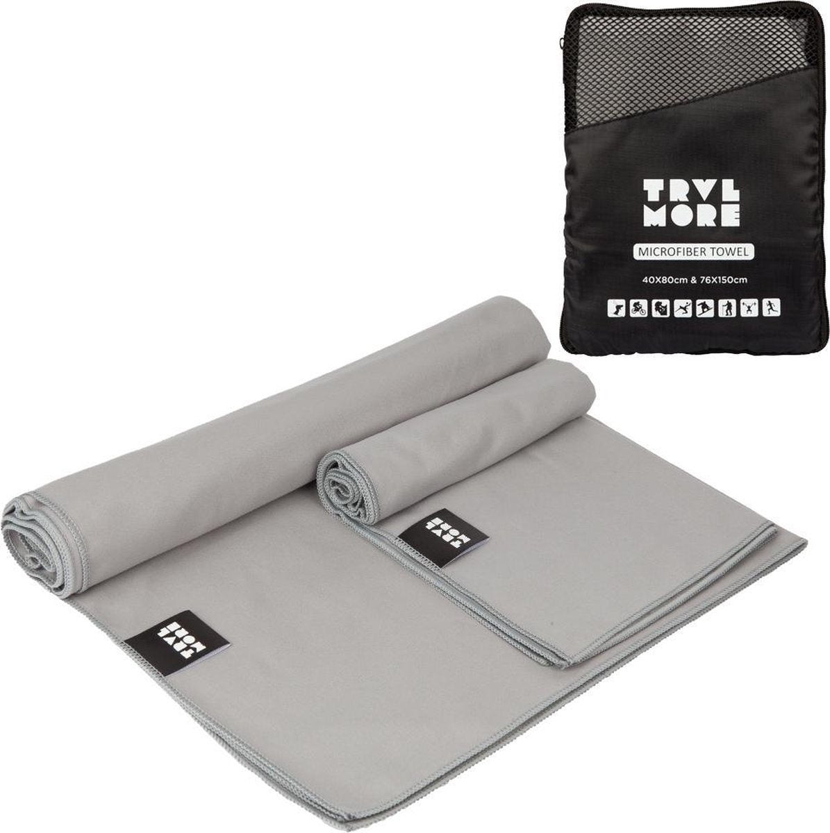 TRVLMORE Microvezel Reishanddoek Set - 2 Stuks - Small (40 x 80 cm) & Large (76 x 150 cm) - Microvezel - Grijs