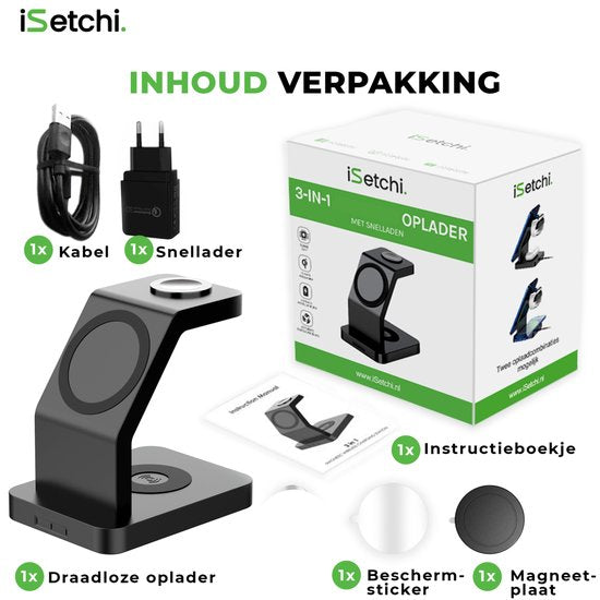 iSETCHI – Draadloze Qi & Magsafe Oplader 3-in-1 – 15 Watt – Zwart Kunststof – Inclusief QC 3.0 Adapter – Voor iPhone, Apple Watch & Airpods – Georganiseerde Werkplek