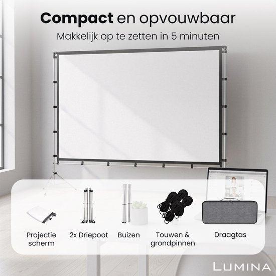 Lumina® Projectiescherm 100 inch – Beamer Scherm met Statief – Kreukvrij – Opvouwbaar – Met Draagtas – Voor Binnen & Buiten