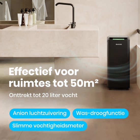 Auronic Luchtontvochtiger en Luchtreiniger - Pro Series - 20L per dag - Was-droog functie - Slaapkamer, Badkamer en Woonkamer - Vochtvreter voor in Huis - Zwart