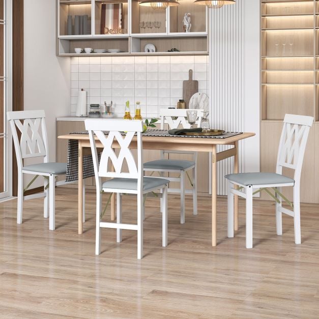 Coast Set van 2 Inklapbare Eetkamerstoelen Armloze Stoelen met Lattenrugleuning en Gestoffeerd Kussen - Rubberhout - 41 x 53 x 91 cm - Wit