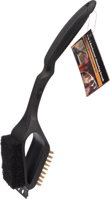 BBQ collectie Barbecue Reinigingsborstel - 3 in 1 - Staalborstel - Schuurspons - Schraper - 38 cm - Zwart