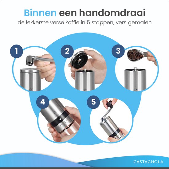 Castagnola Koffiemolen - Handmatige Koffiemaler - Koffiebonen Maler - Bonenmaler met 6 Standen - Kruidenmoler - RVS