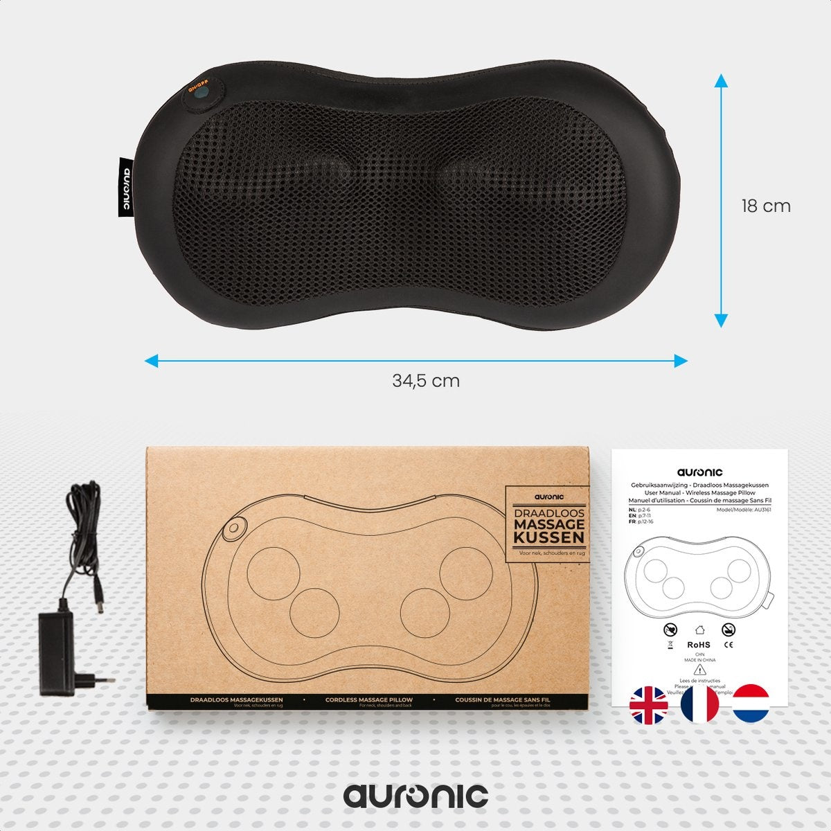 Auronic Shiatsu Massage kussen - Elektrisch Nek en Rug Massage Apparaat - 1.8m kabel - Warmte Functie – Zwart