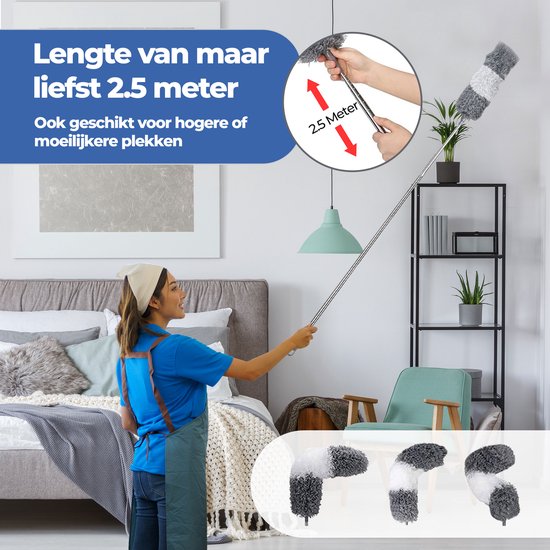 Roegaarden Plumeau Uitschuifbaar - Met Telescoopsteel - Tot 2,5 Meter - Verschillende Opzetstukken - Gemakkelijk op te bergen