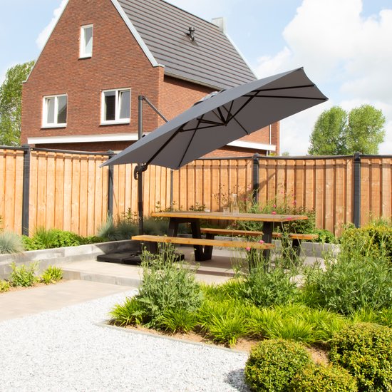 VONROC Premium Zweefparasol Pisogne 300x300cm – Incl. kruisvoet & beschermhoes – Vierkante parasol – 360 ° Draaibaar - Kantelbaar – UV werend doek - Grijs