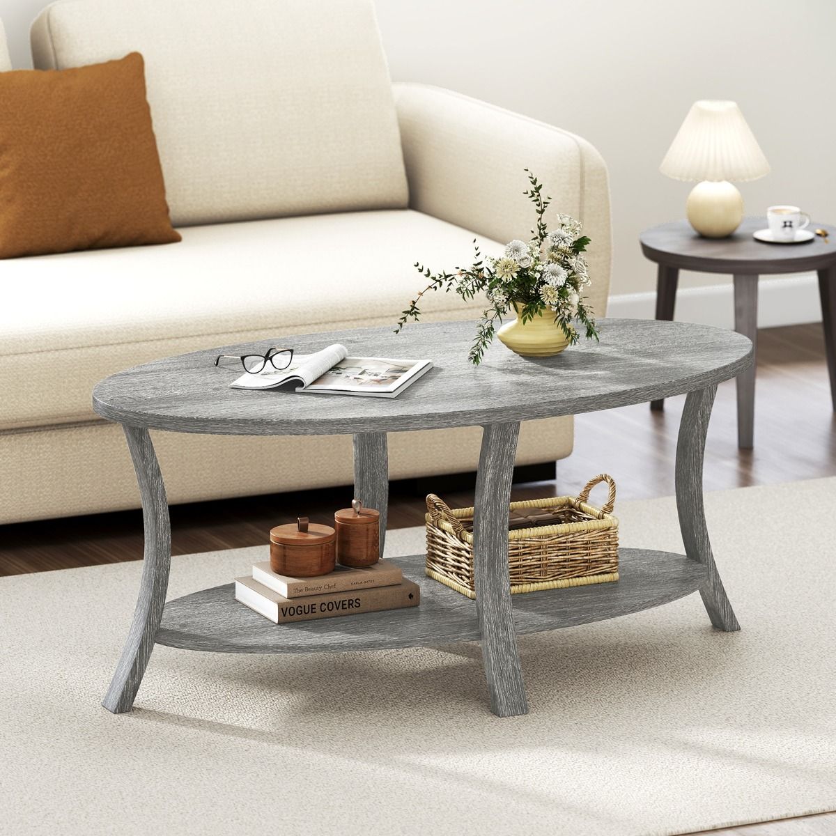 Coast Ovale Salontafel - 2-laags met opbergruimte - rubberhout - grijs - 111 x 60,5 x 47 cm
