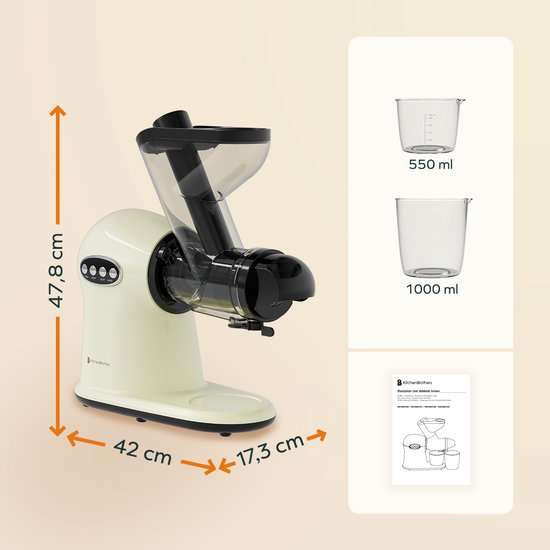 KitchenBrothers Slowjuicer XL - Juicer - Groenten en Fruitpers - 43 mm en 70 mm invoer - 500 ml - Champagne