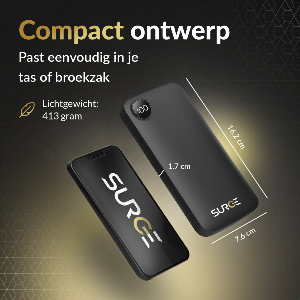 Surge Powerbank 20.000mAh - 22,5W Snellader - 2x USB-C & 1x USB-A - LED Display - Zwart - 14,5 x 6,8 x 2,9 cm
