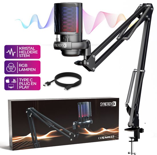 SynergyX SonicFlex Pro Microfoon - USB Gaming Microfoon Met Arm - PC-Gaming - Geschikt voor PC/PS4/PS5 - RGB - Podcast - Gaming - Streaming - Zwart